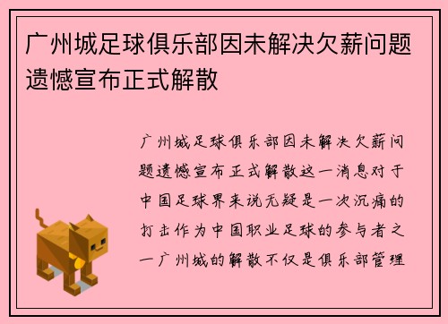 广州城足球俱乐部因未解决欠薪问题遗憾宣布正式解散 广州城足球俱乐部因未解决欠薪问题遗憾宣布正式解散